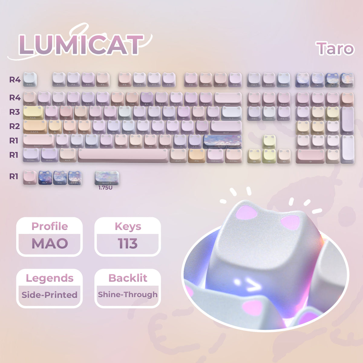 XVX Lumicat MAO Profile Side-Printed Shine-Through 113-Key Keycap Set - Agenda365.com