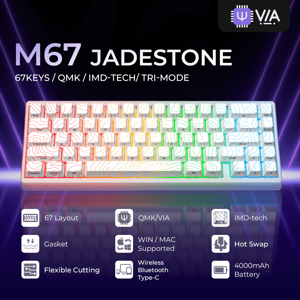 XVX M67 JadeStone Stellar White Tri-Mode RGB Mechanical Keyboard - Agenda365.com