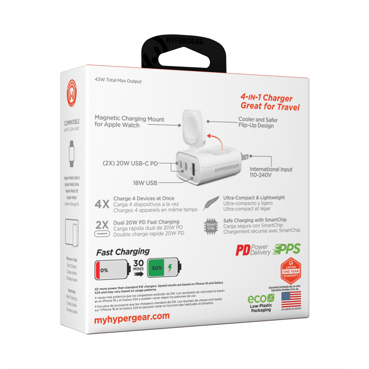HyperGear SpeedBoost 43W 3-Port Fast Phone and Watch Wall Charger - Agenda365.com