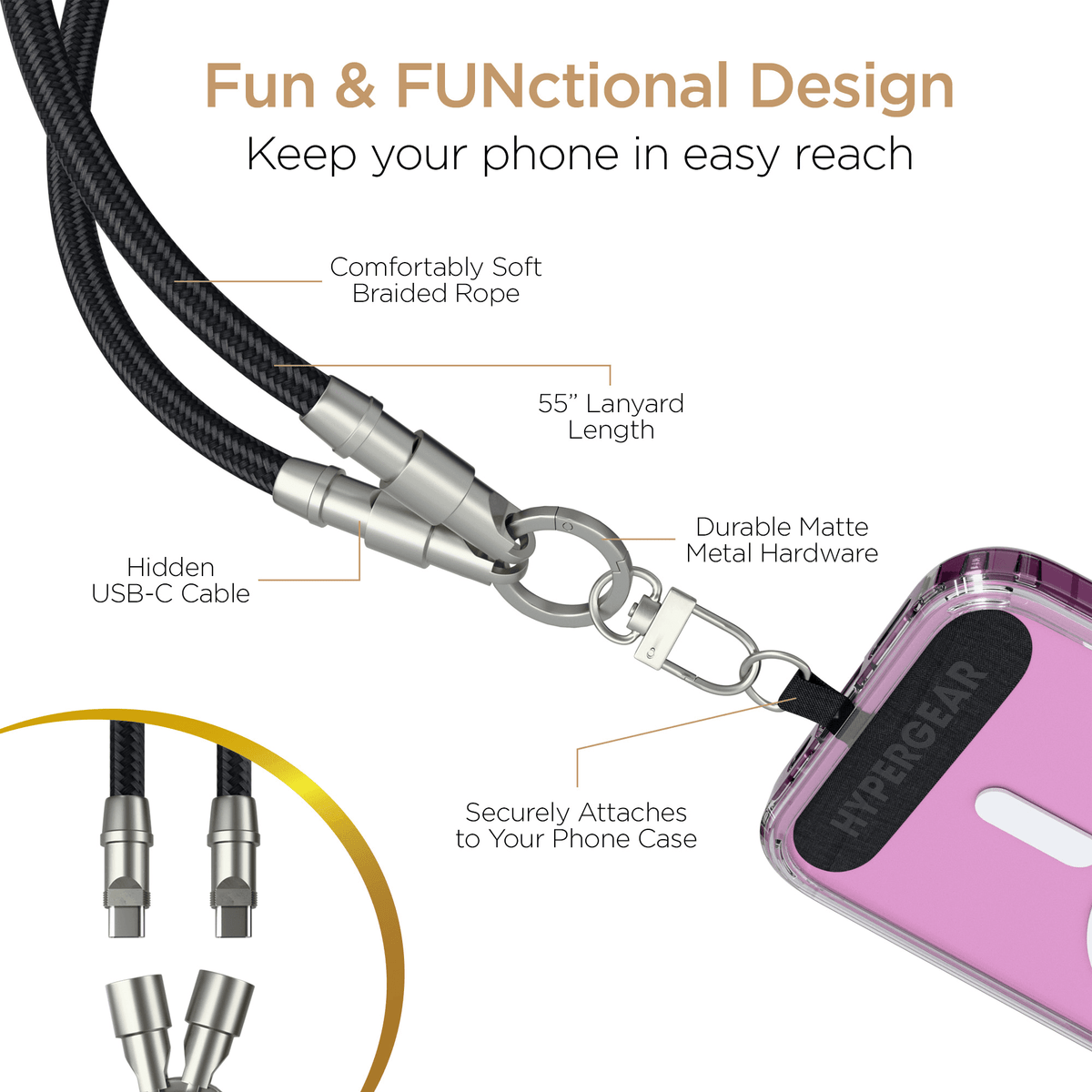 HyperGear 2-in-1 Universal Crossbody Phone Strap and Charging Cable - Agenda365.com