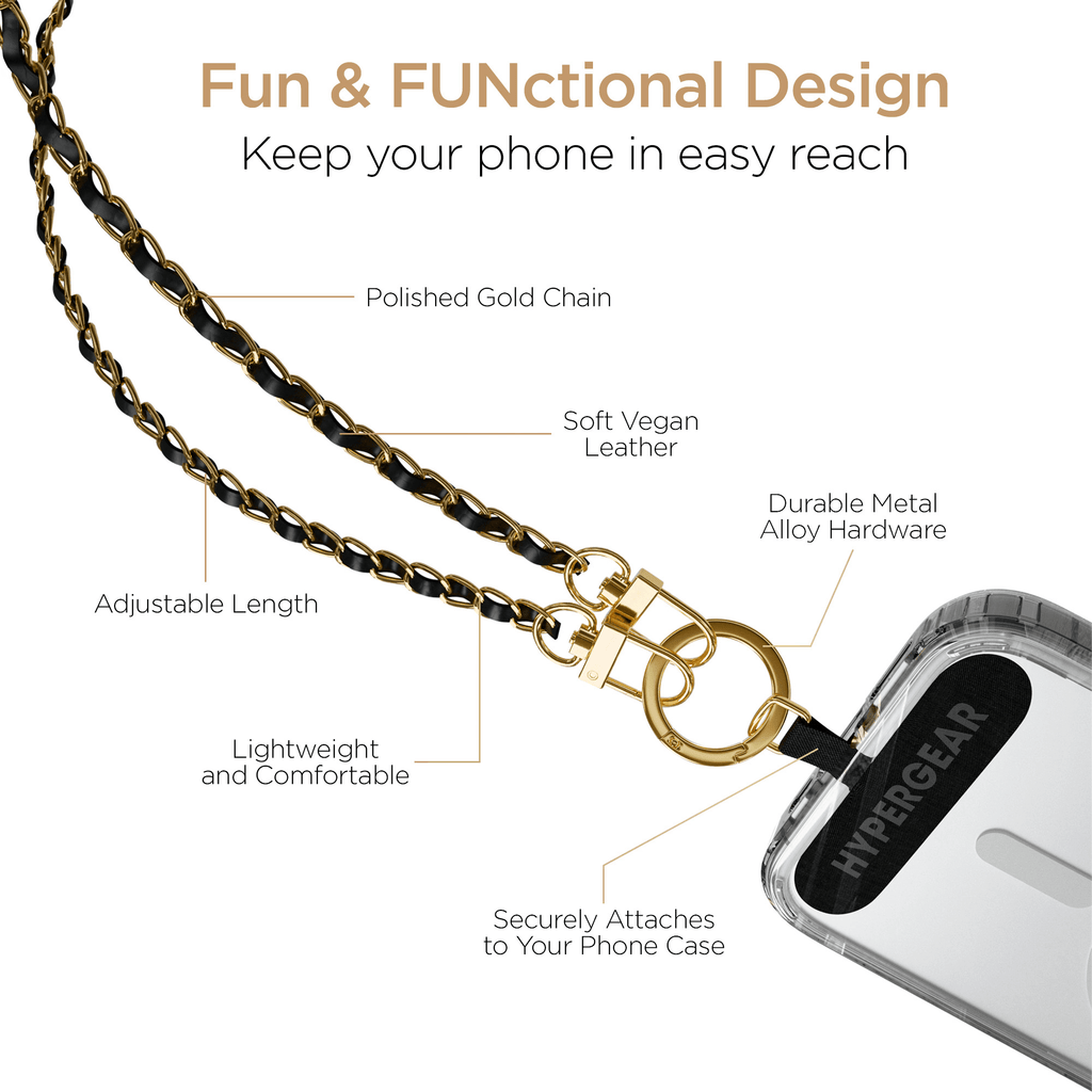 HyperGear TECHcessories Gold Chain with Black Vegan Leather Universal Crossbody Phone Strap - Agenda365.com
