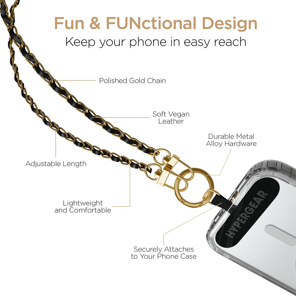 HyperGear TECHcessories Gold Chain with Black Vegan Leather Universal Crossbody Phone Strap - Agenda365.com