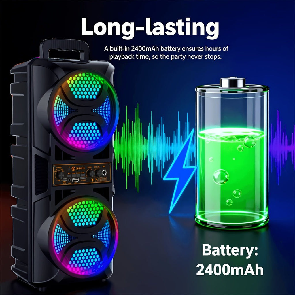 Portable Bluetooth Speaker with Subwoofer Bass, Dual 6.5" LED Woofers and Microphone - Agenda365.com