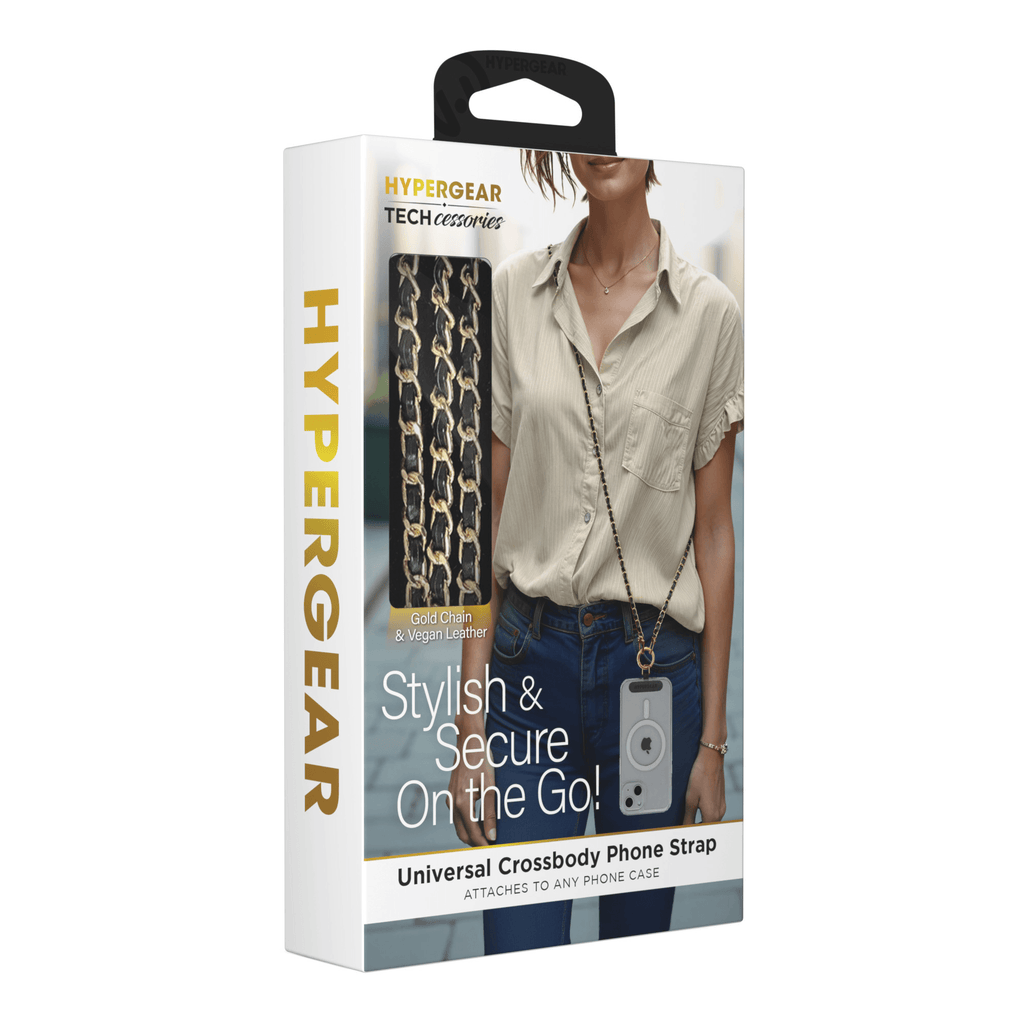 HyperGear TECHcessories Gold Chain with Black Vegan Leather Universal Crossbody Phone Strap - Agenda365.com