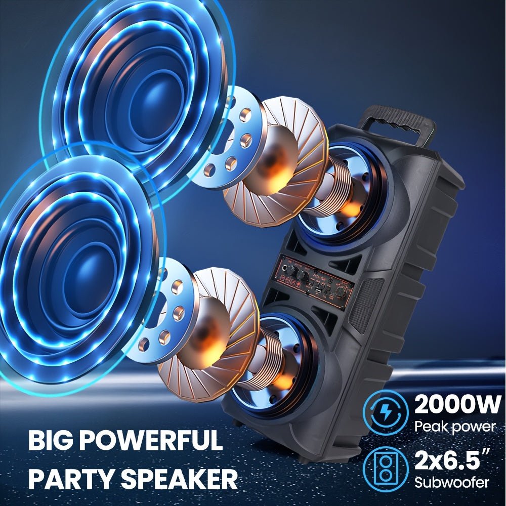 Portable Bluetooth Speaker with Subwoofer Bass, Dual 6.5" LED Woofers and Microphone - Agenda365.com