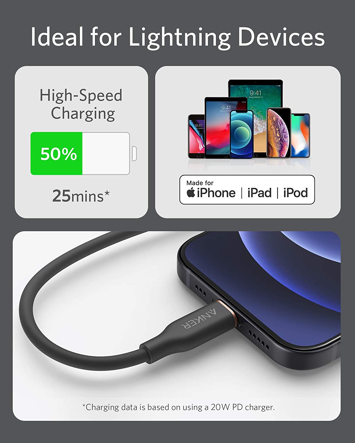 Anker <b>641</b> USB-C to Lightning Cable (Flow, 3 ft Silicone) - Agenda365.com