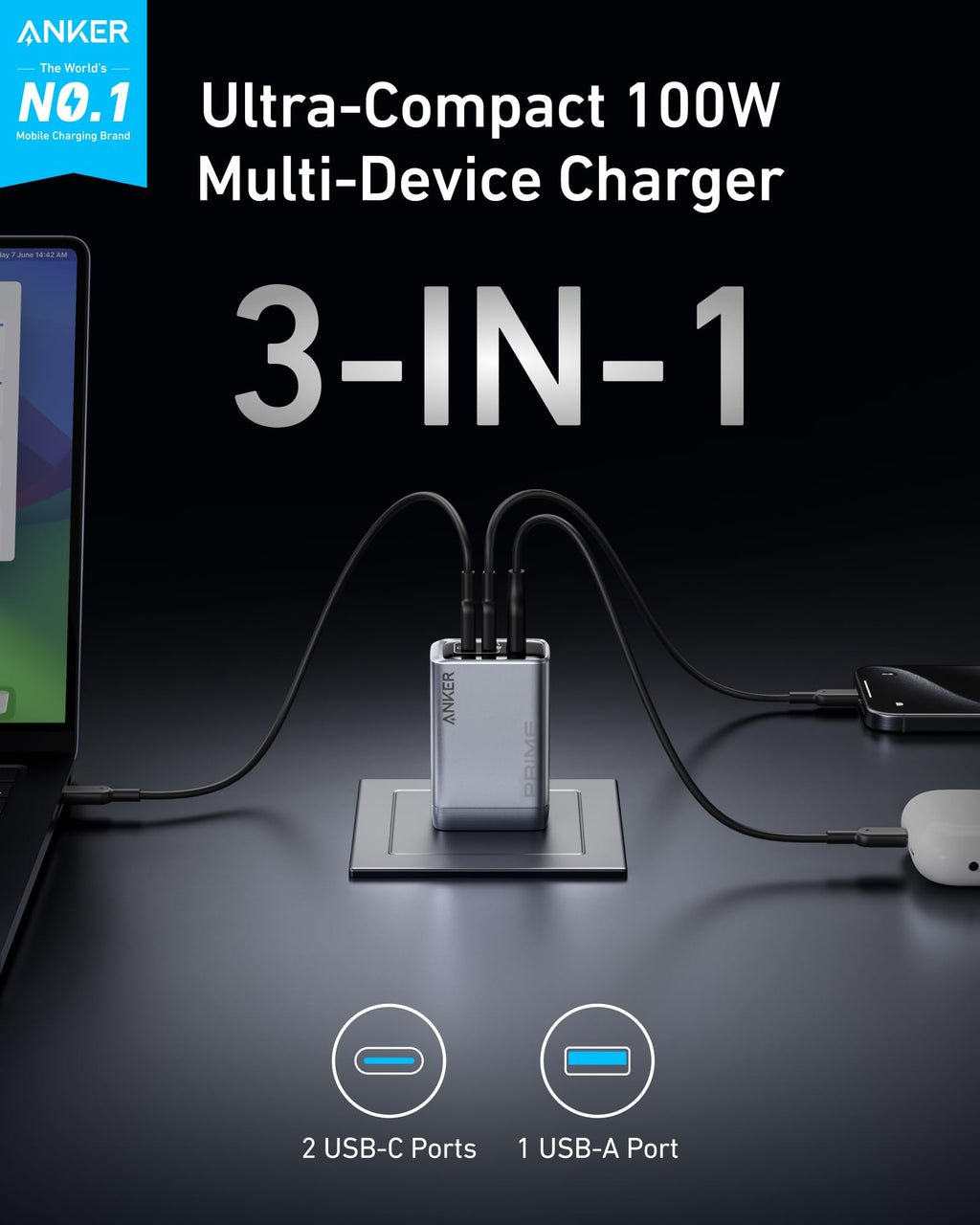Anker Prime Charger (100W, 3 Ports, GaN) - Agenda365.com