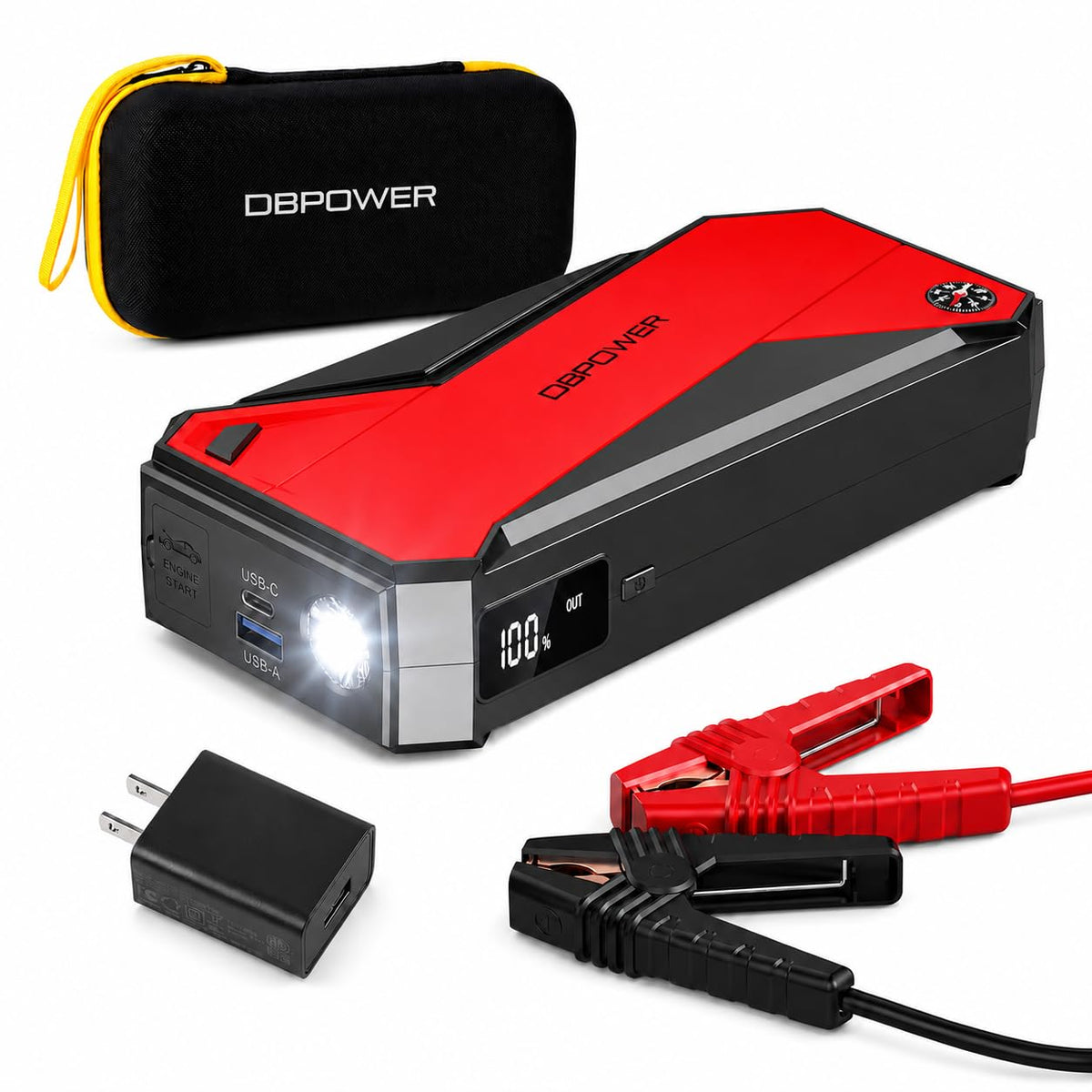 DBPOWER Peak 3000A 18000mAh Portable Car Jump Starter (up to 8.0L Gas, 6.0L Diesel Engine) Battery Booster with Smart Charging Port, Compass, LCD Screen and LED Light (Black/Red) - Agenda365.com