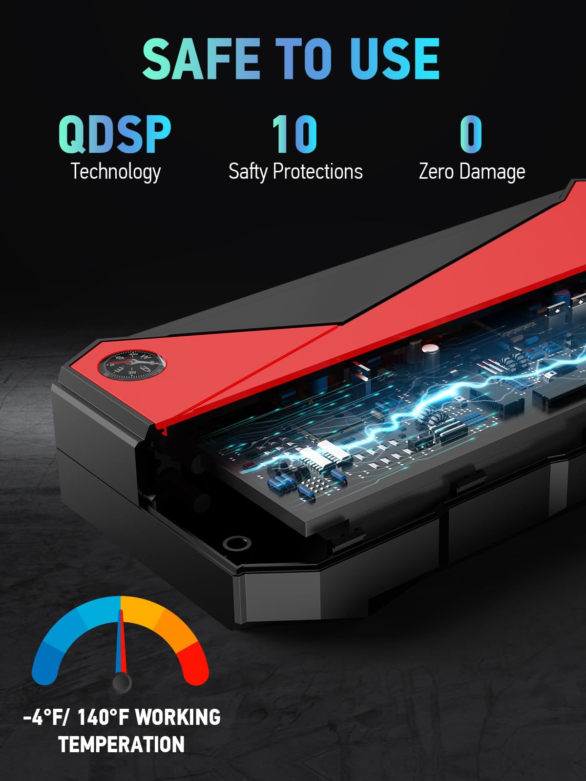 DBPOWER Peak 3000A 18000mAh Portable Car Jump Starter (up to 8.0L Gas, 6.0L Diesel Engine) Battery Booster with Smart Charging Port, Compass, LCD Screen and LED Light (Black/Red) - Agenda365.com