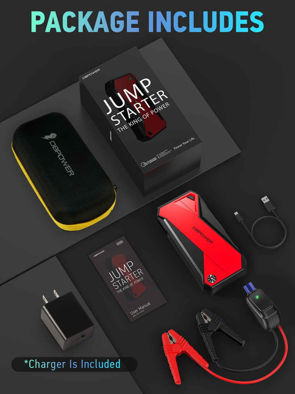 DBPOWER Peak 3000A 18000mAh Portable Car Jump Starter (up to 8.0L Gas, 6.0L Diesel Engine) Battery Booster with Smart Charging Port, Compass, LCD Screen and LED Light (Black/Red) - Agenda365.com