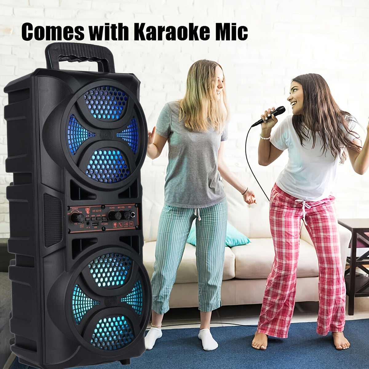 Portable Bluetooth Speaker with Subwoofer Bass, Dual 6.5" LED Woofers and Microphone - Agenda365.com