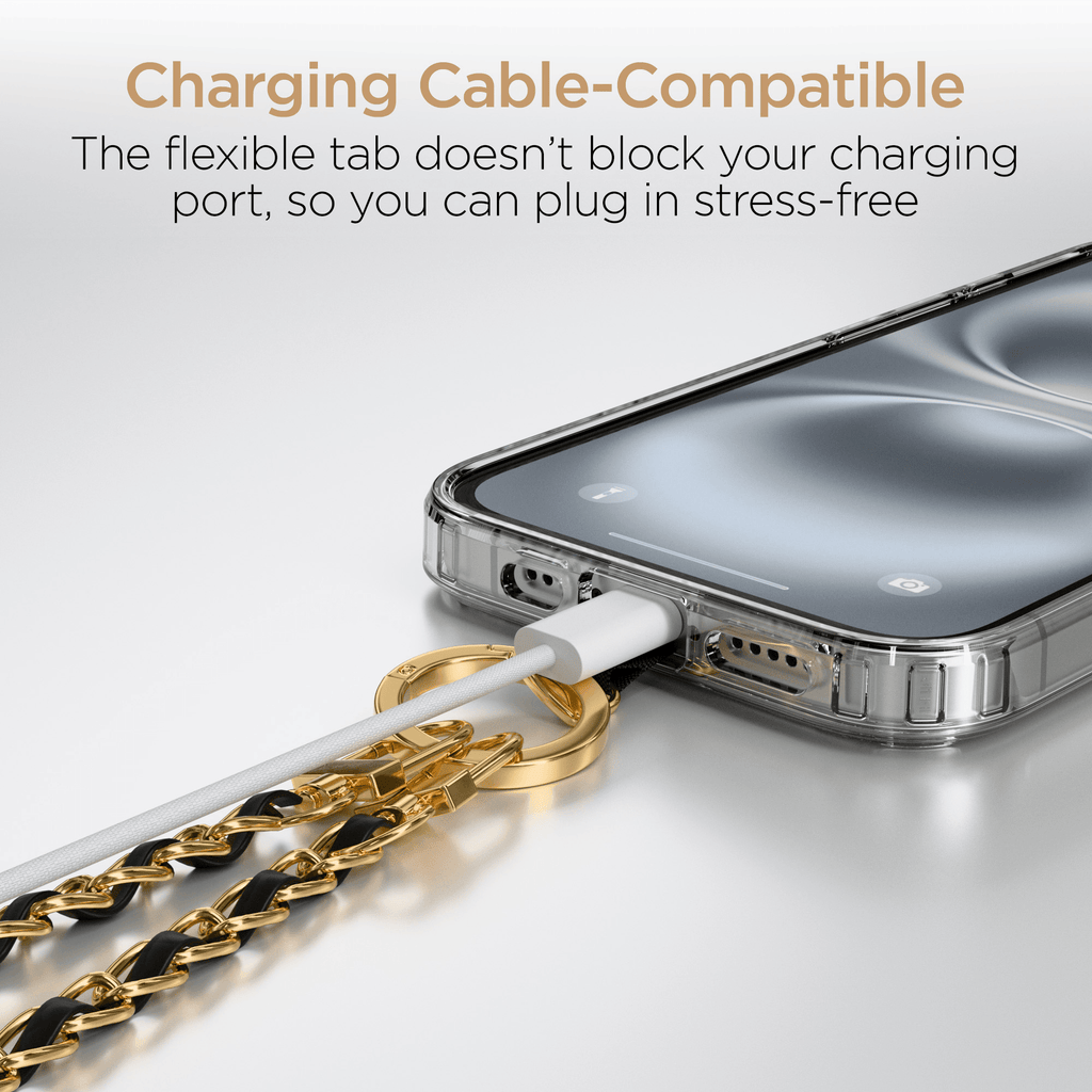 HyperGear TECHcessories Gold Chain with Black Vegan Leather Universal Crossbody Phone Strap - Agenda365.com