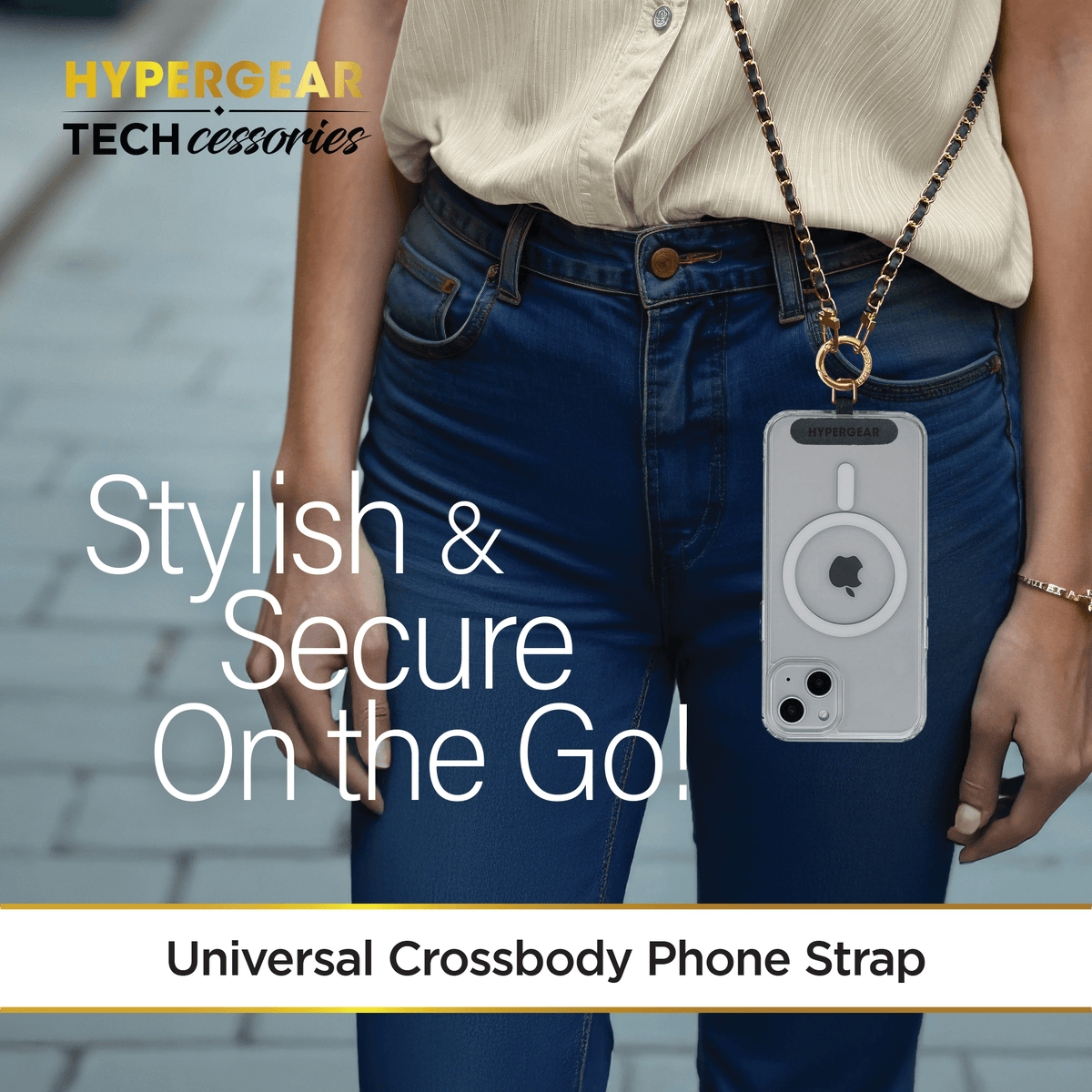 HyperGear TECHcessories Gold Chain with Black Vegan Leather Universal Crossbody Phone Strap - Agenda365.com
