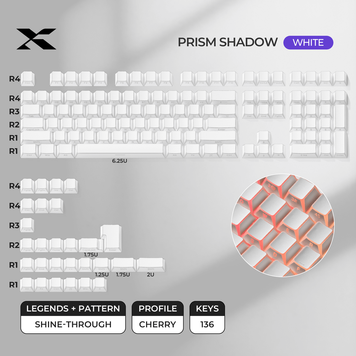XVX PRISM Shadow Shine-Through Double-Shot Cherry Profile PBT Keycap Set - Agenda365.com