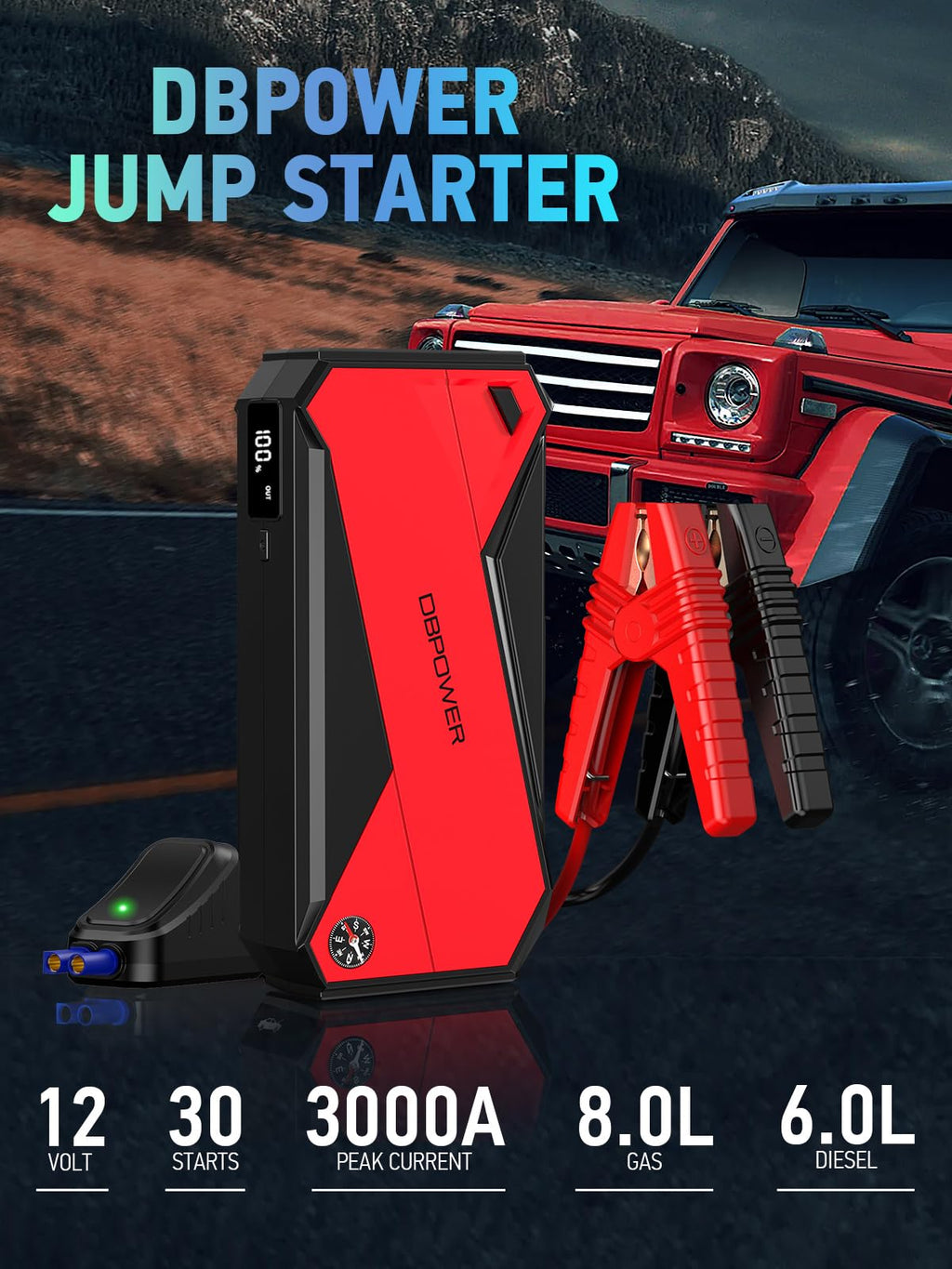 DBPOWER Peak 3000A 18000mAh Portable Car Jump Starter (up to 8.0L Gas, 6.0L Diesel Engine) Battery Booster with Smart Charging Port, Compass, LCD Screen and LED Light (Black/Red) - Agenda365.com