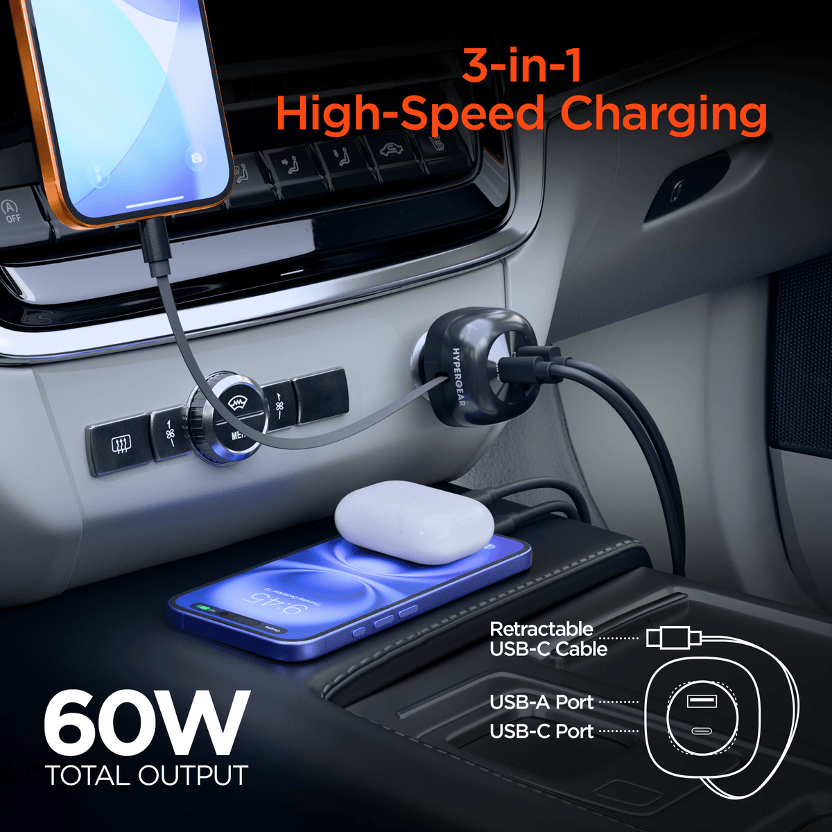 HyperGear SpeedBoost 60W Retractable Car Charger - Agenda365.com