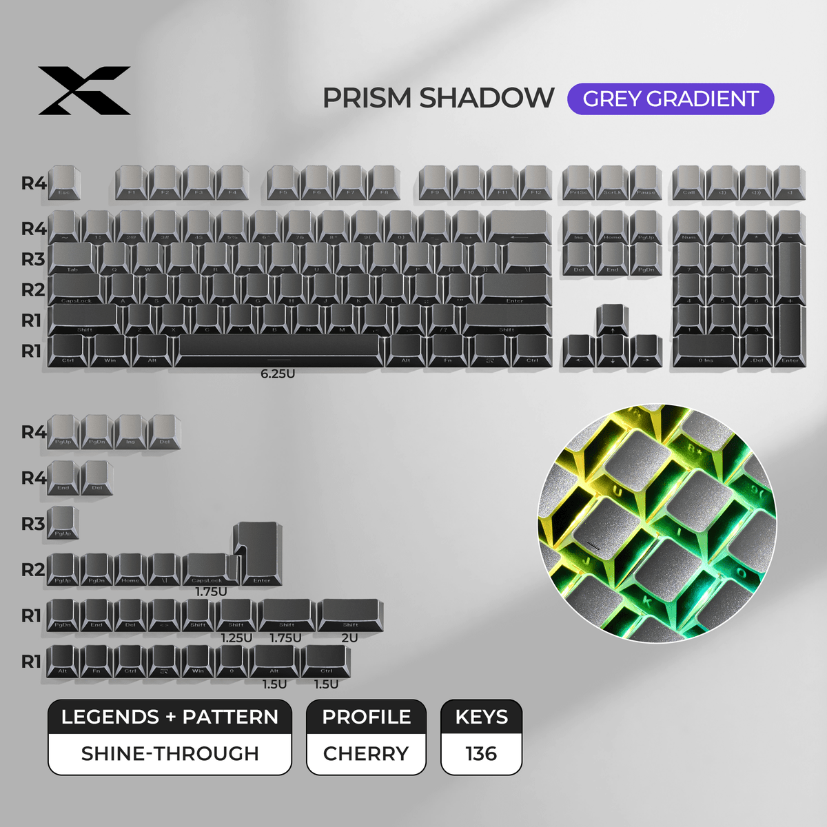 XVX PRISM Shadow Shine-Through Double-Shot Cherry Profile PBT Keycap Set - Agenda365.com