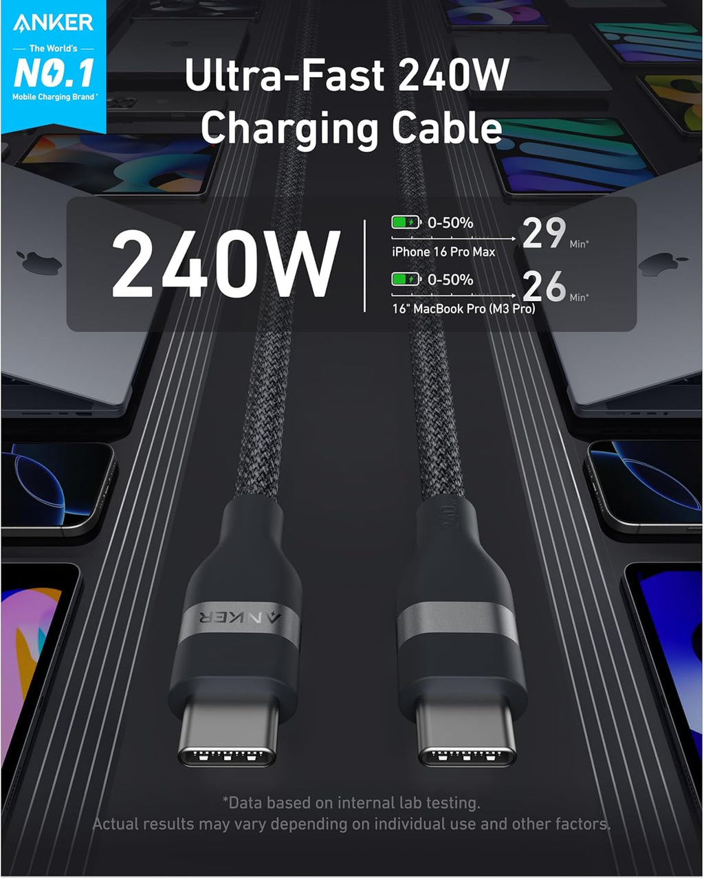 Anker USB-C to USB-C Cable (3 ft / 6 ft, 240W, Upcycled-Braided) - Agenda365.com