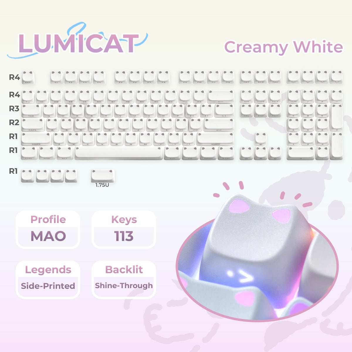 XVX Lumicat MAO Profile Side-Printed Shine-Through 113-Key Keycap Set - Agenda365.com