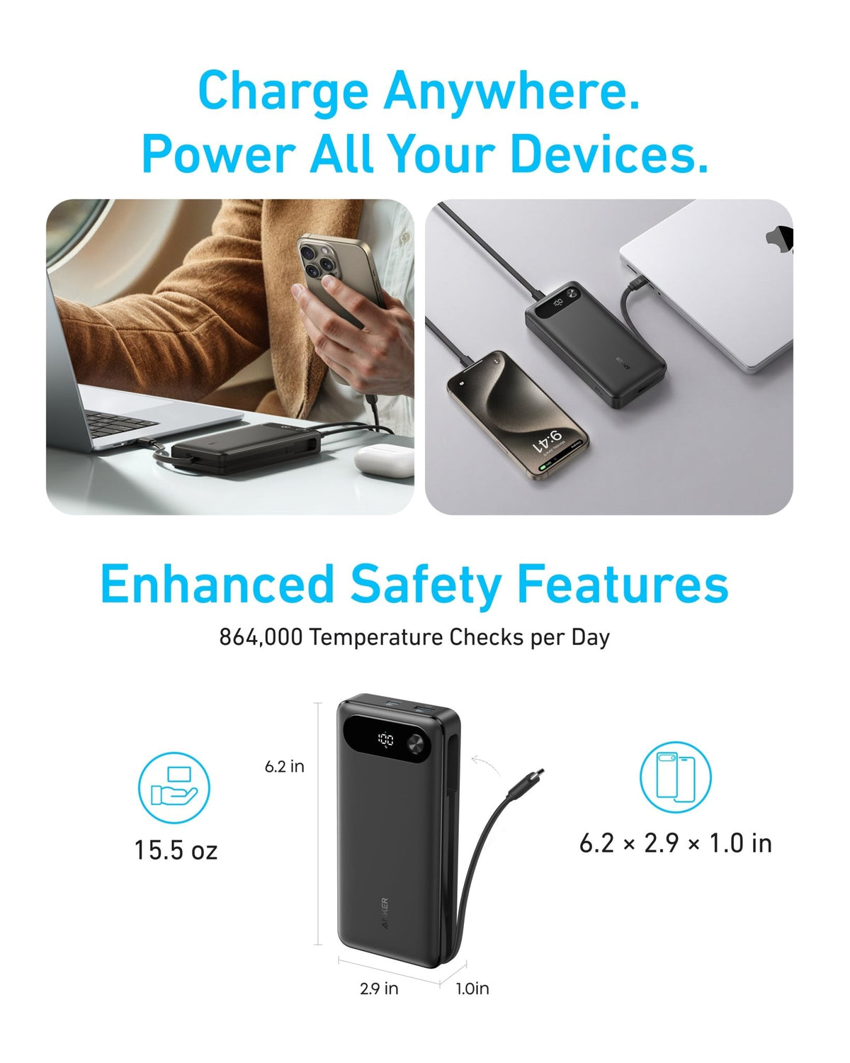 Anker Power Bank (20K, 87W, Built-In USB-C Cable) - Agenda365.com