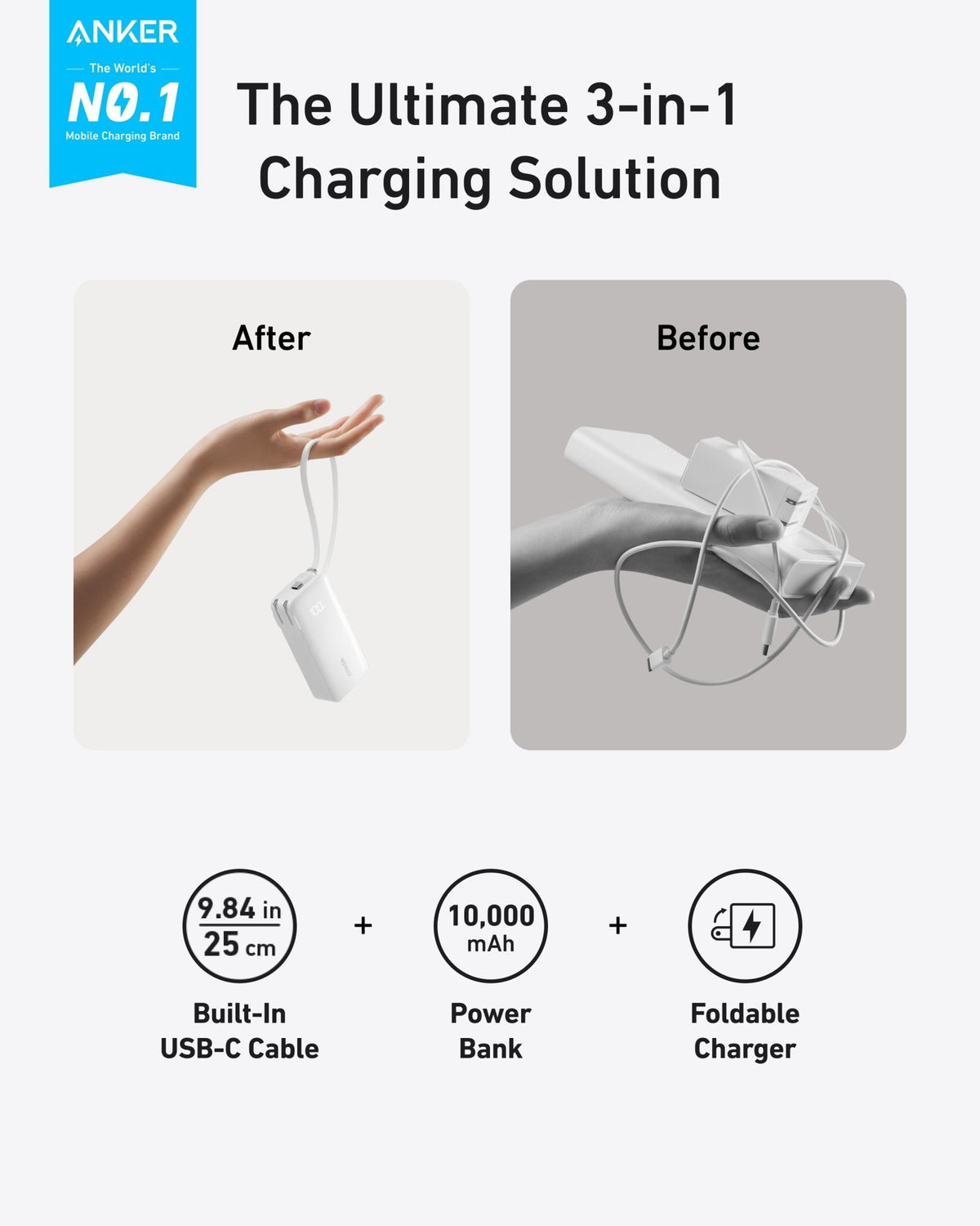 Anker Power Bank (10K, Fusion, Built-In Cable) - Agenda365.com