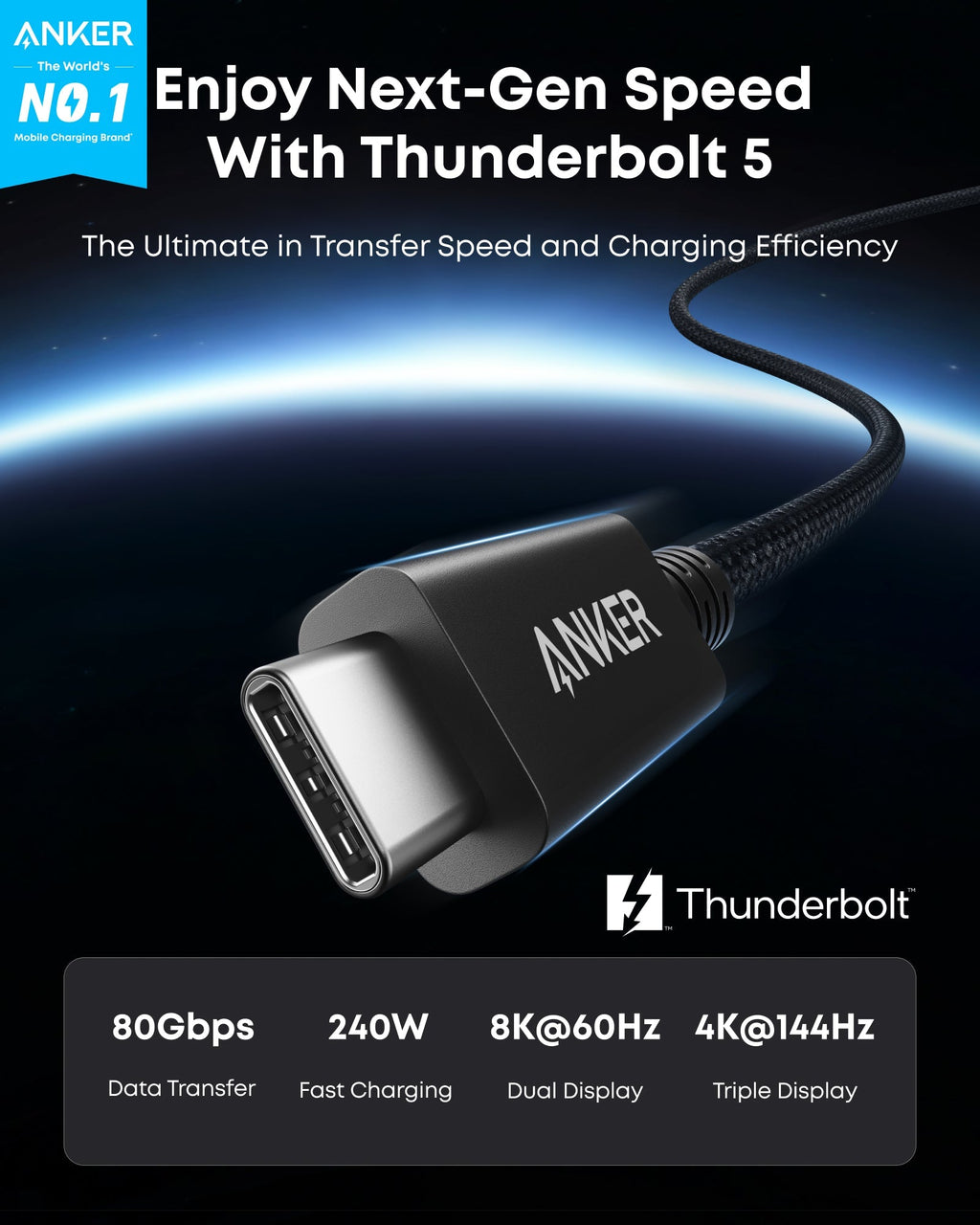 Anker Prime Thunderbolt 5 Cable (3.3 ft / 1.7 ft, 80 Gbps, 240W) - Agenda365.com
