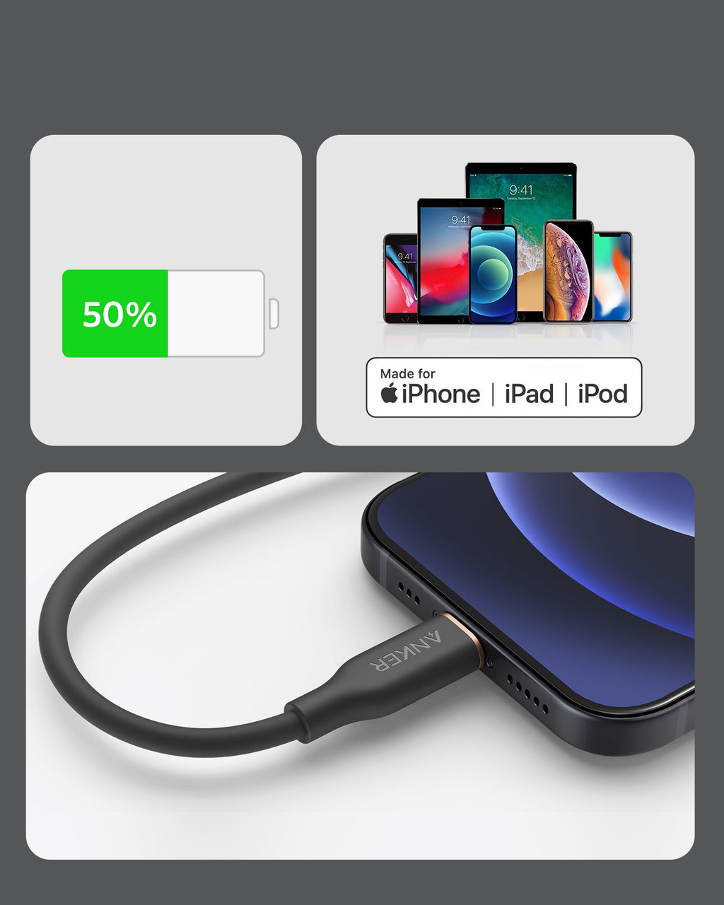 Anker <b>641</b> USB-C to Lightning Cable (Flow, 3 ft Silicone) - Agenda365.com