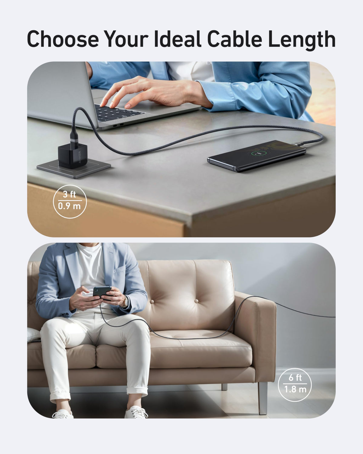 Anker USB-A to USB-C Cable (3 ft / 6 ft, Upcycled-Braided) - Agenda365.com