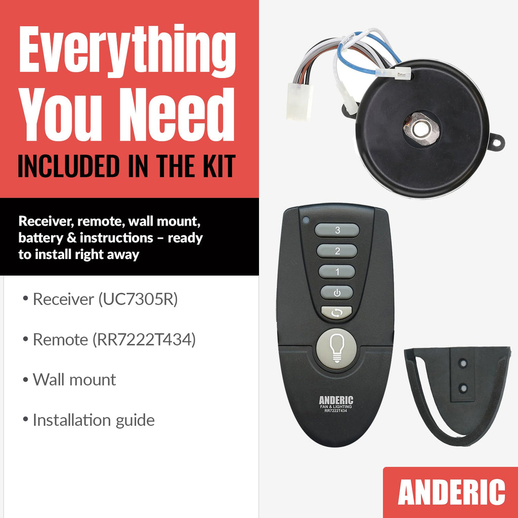 Anderic MR77A-MOLEX-KIT Replacement Ceiling Fan Remote Control Kit - MR77A, RR7222T434, MOLEX-AMP-ADAPTER - Agenda365.com