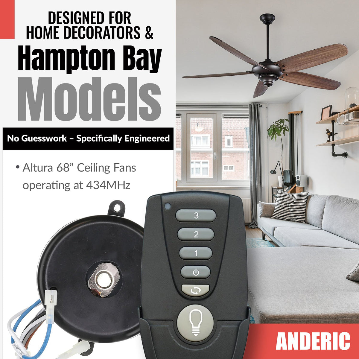 Anderic MR77A-MOLEX-KIT Replacement Ceiling Fan Remote Control Kit - MR77A, RR7222T434, MOLEX-AMP-ADAPTER - Agenda365.com