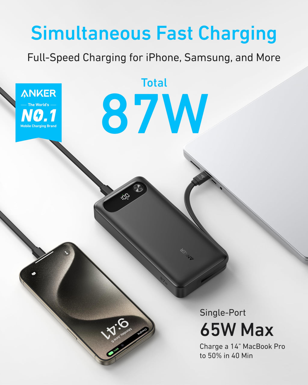 Anker Power Bank (20K, 87W, Built-In USB-C Cable) - Agenda365.com