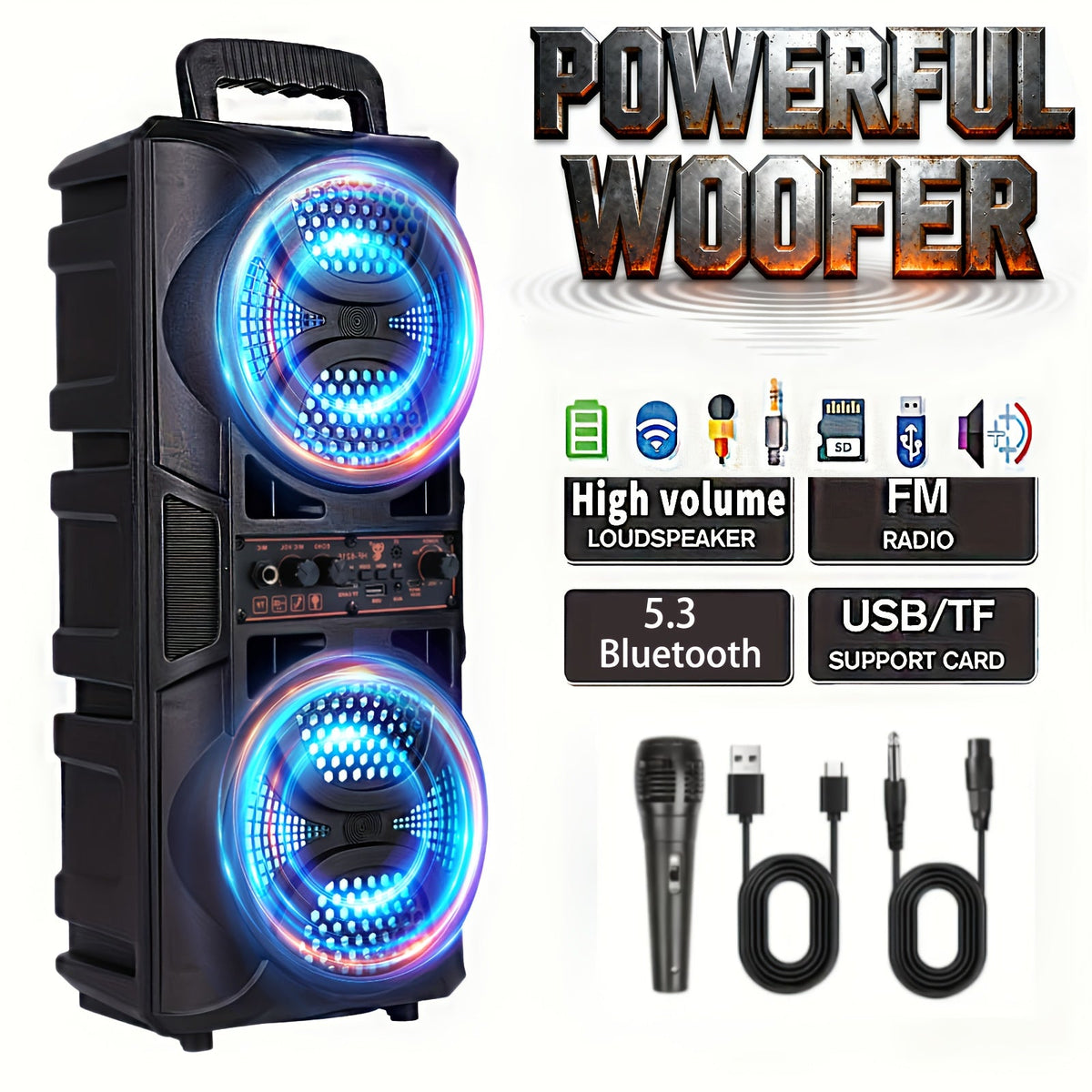 Portable Bluetooth Speaker with Subwoofer Bass, Dual 6.5" LED Woofers and Microphone - Agenda365.com