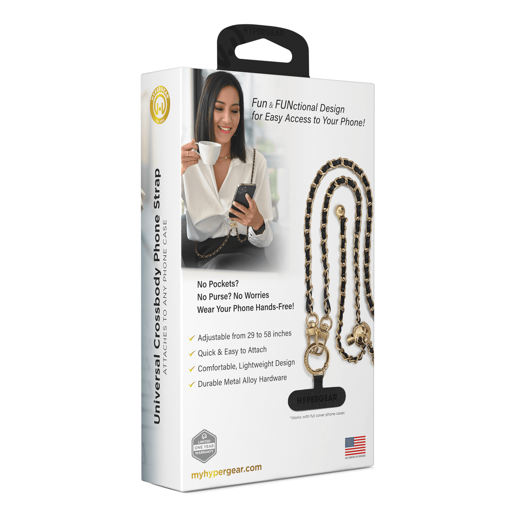 HyperGear TECHcessories Gold Chain with Black Vegan Leather Universal Crossbody Phone Strap - Agenda365.com