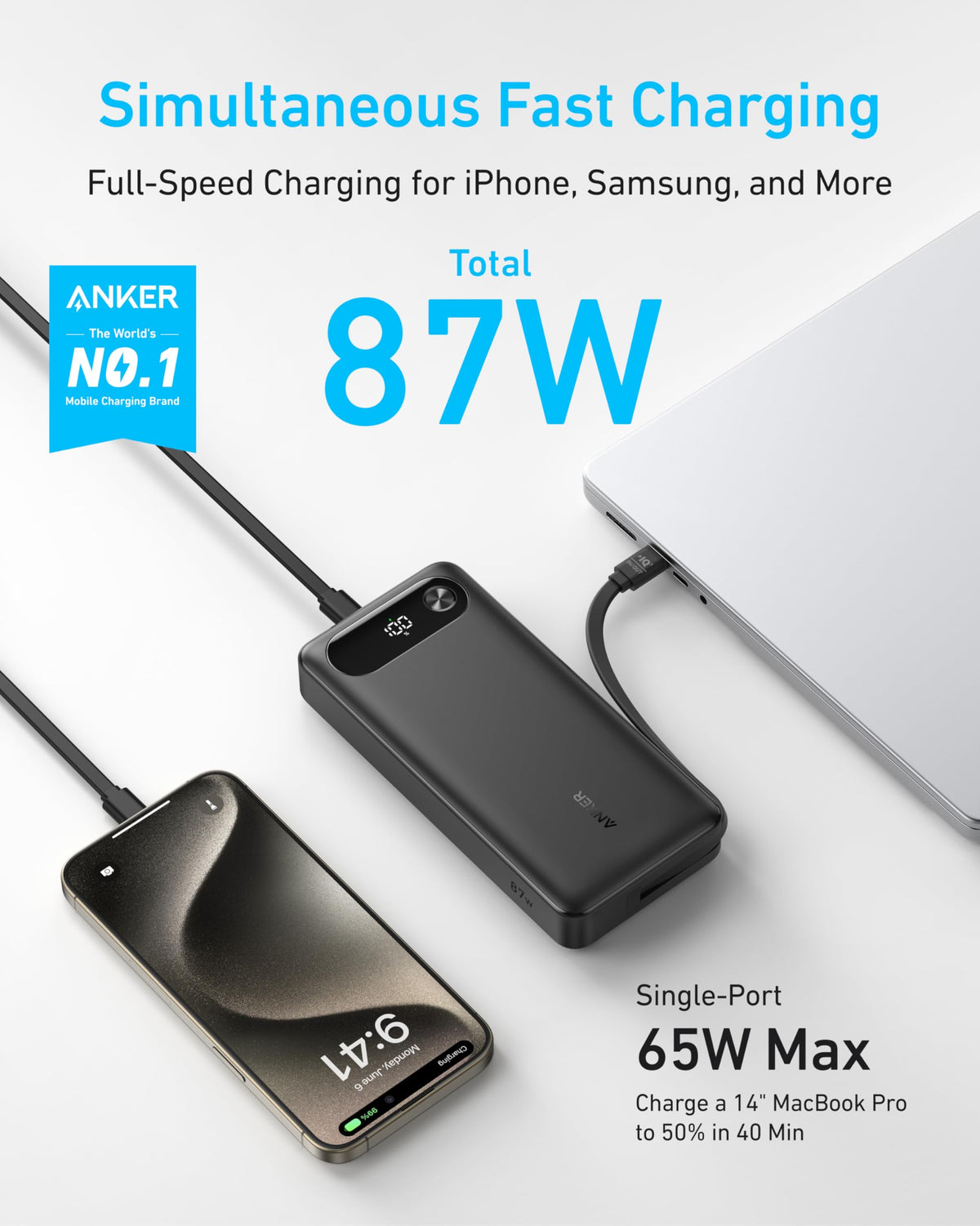 Anker Power Bank (20K, 87W, Built-In USB-C Cable) - Agenda365.com