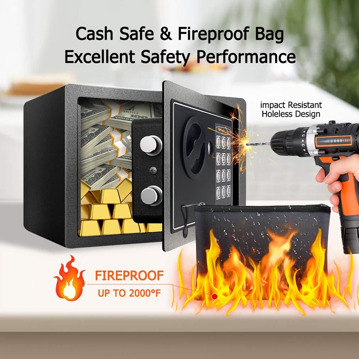 Fireproof Digital Home Safe with Keypad, Sensor Light & Money Bag-Silver - Agenda365.com