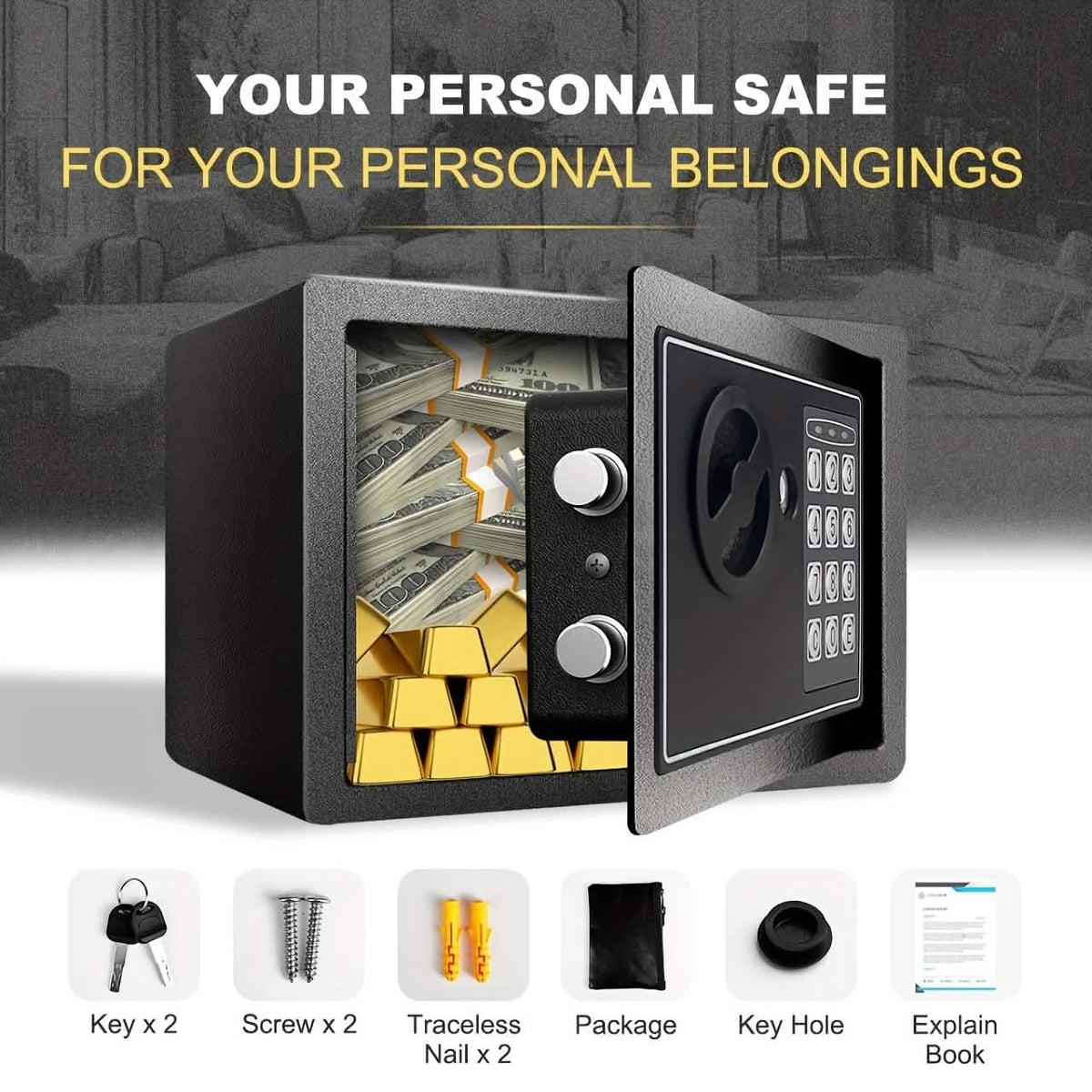 Fireproof Digital Home Safe with Keypad, Sensor Light & Money Bag-Silver - Agenda365.com