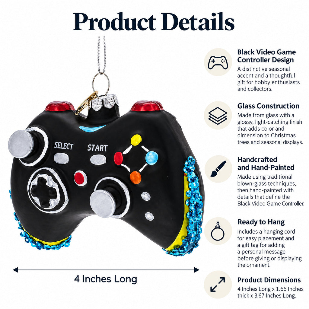 Black Video Game Controller Glass Christmas Ornament - Agenda365.com