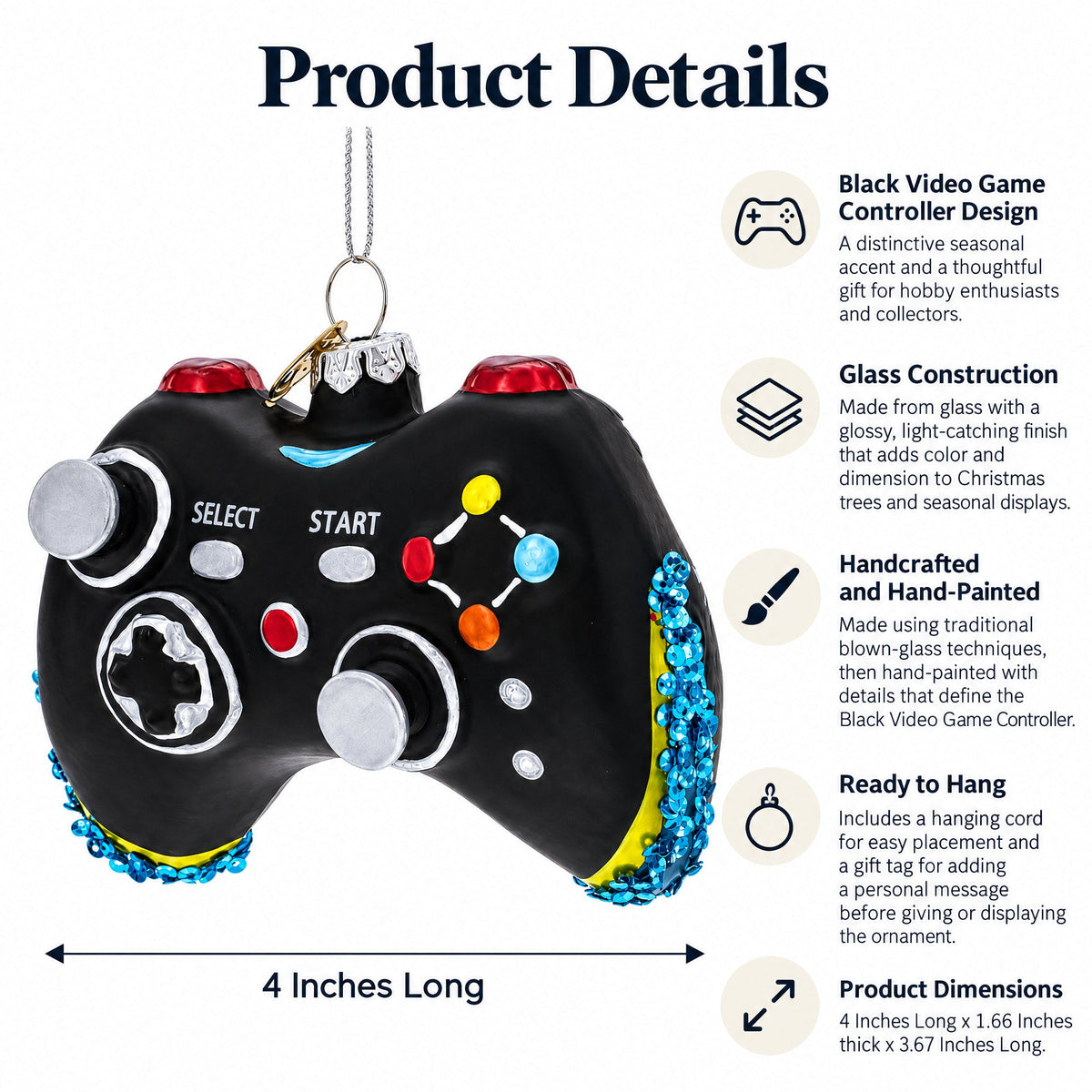Black Video Game Controller Glass Christmas Ornament - Agenda365.com