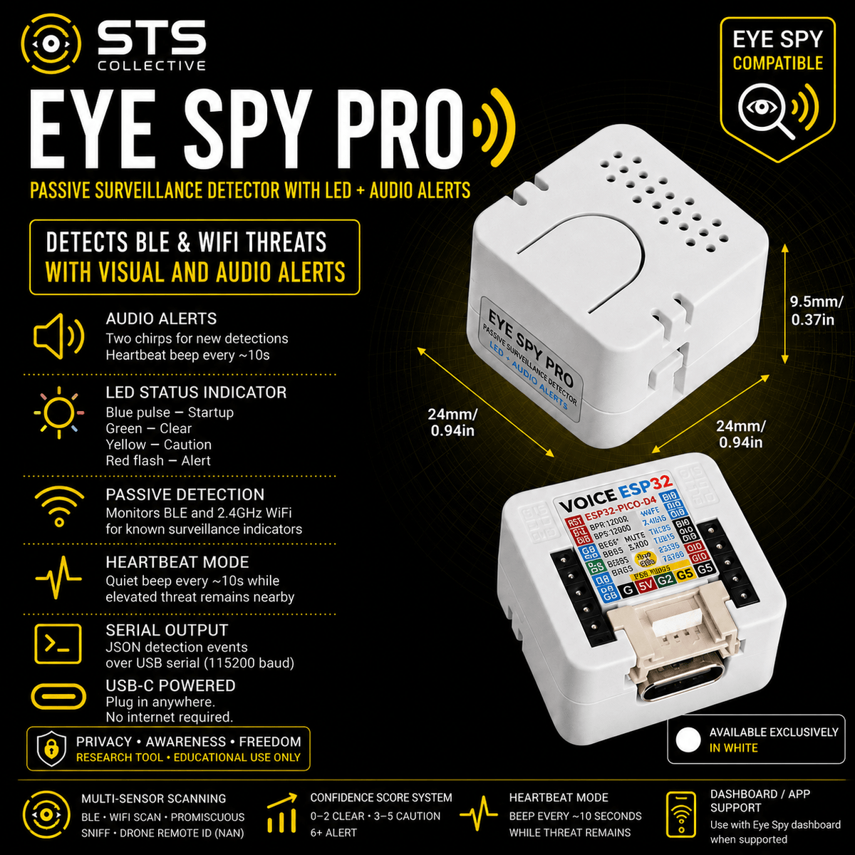 Eye Spy Pro Passive Surveillance Detector with LED + Audio Alerts BLE, WiFi, ALPR, AirTag & Camera Awareness Tool - Agenda365.com