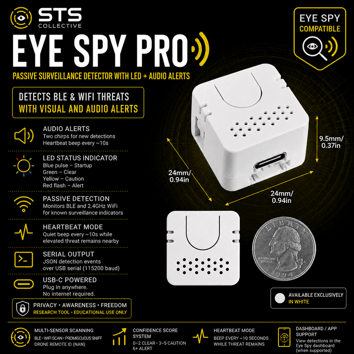 Eye Spy Pro Passive Surveillance Detector with LED + Audio Alerts BLE, WiFi, ALPR, AirTag & Camera Awareness Tool - Agenda365.com
