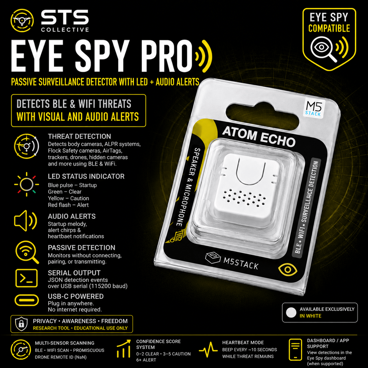 Eye Spy Pro Passive Surveillance Detector with LED + Audio Alerts BLE, WiFi, ALPR, AirTag & Camera Awareness Tool - Agenda365.com